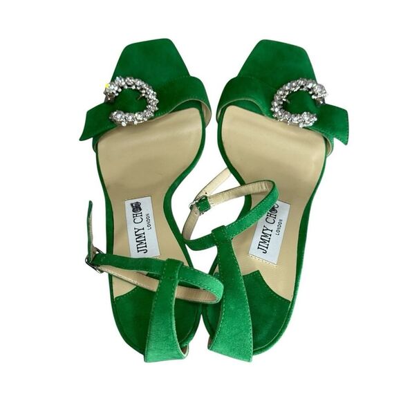 Jimmy Choo Marsai 90 Crystal Buckle Green Suede Sandals EU37.5 - Picture 7 of 11
